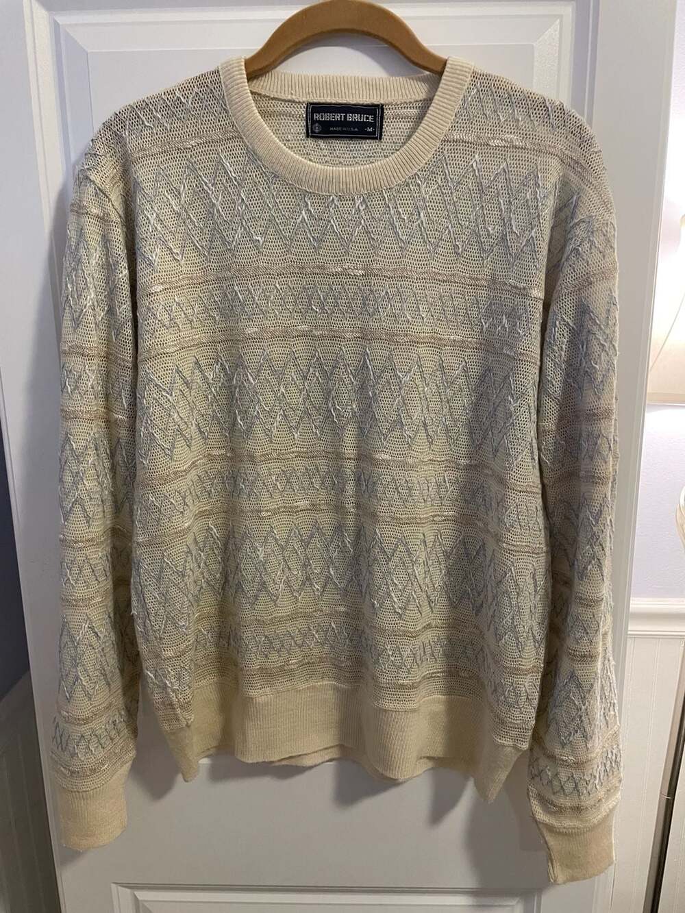 Vintage Robert Bruce Textured Geometric Knit Sweater Size Medium Cream Made in U